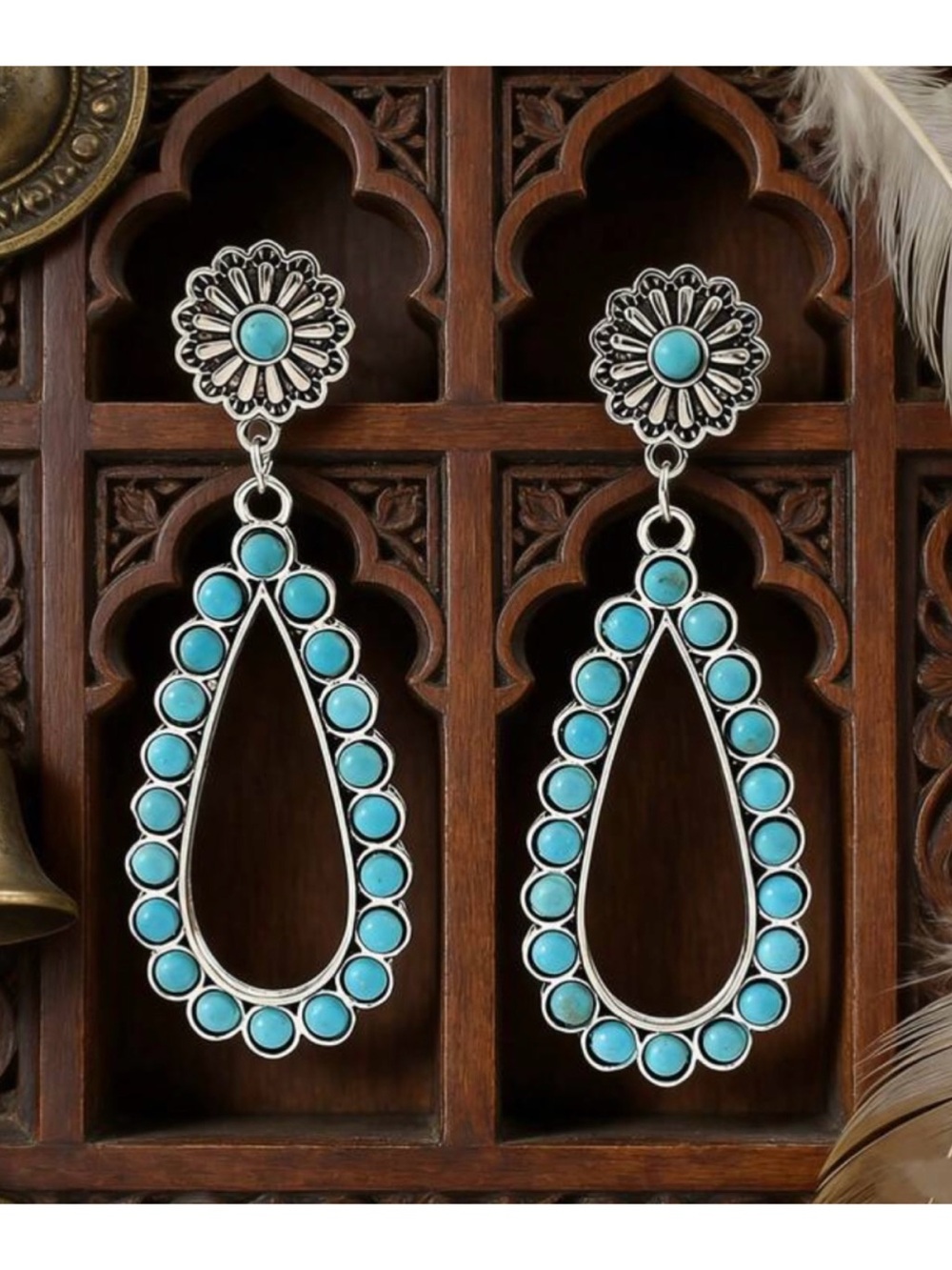 Luxe turquoise inspired teardrop silver boho dangle beaded earrings • new!